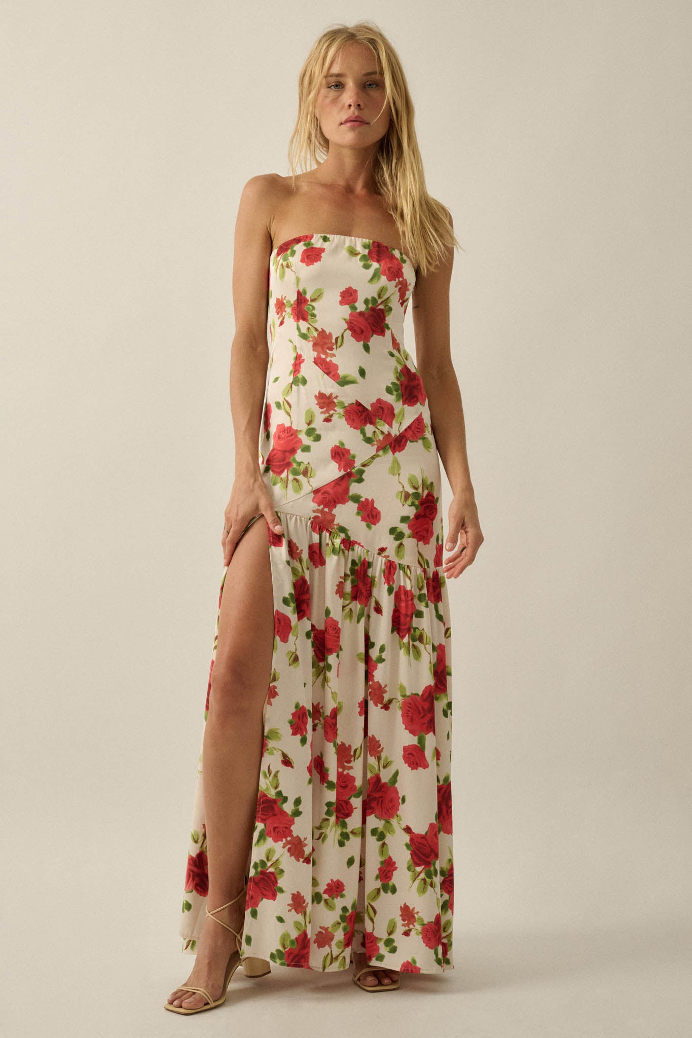 Rose Garden Floral-Print Satin Strapless Maxi Dress - ShopPromesa