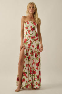 Rose Garden Floral-Print Satin Strapless Maxi Dress - ShopPromesa