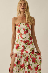 Rose Garden Floral-Print Satin Strapless Maxi Dress - ShopPromesa