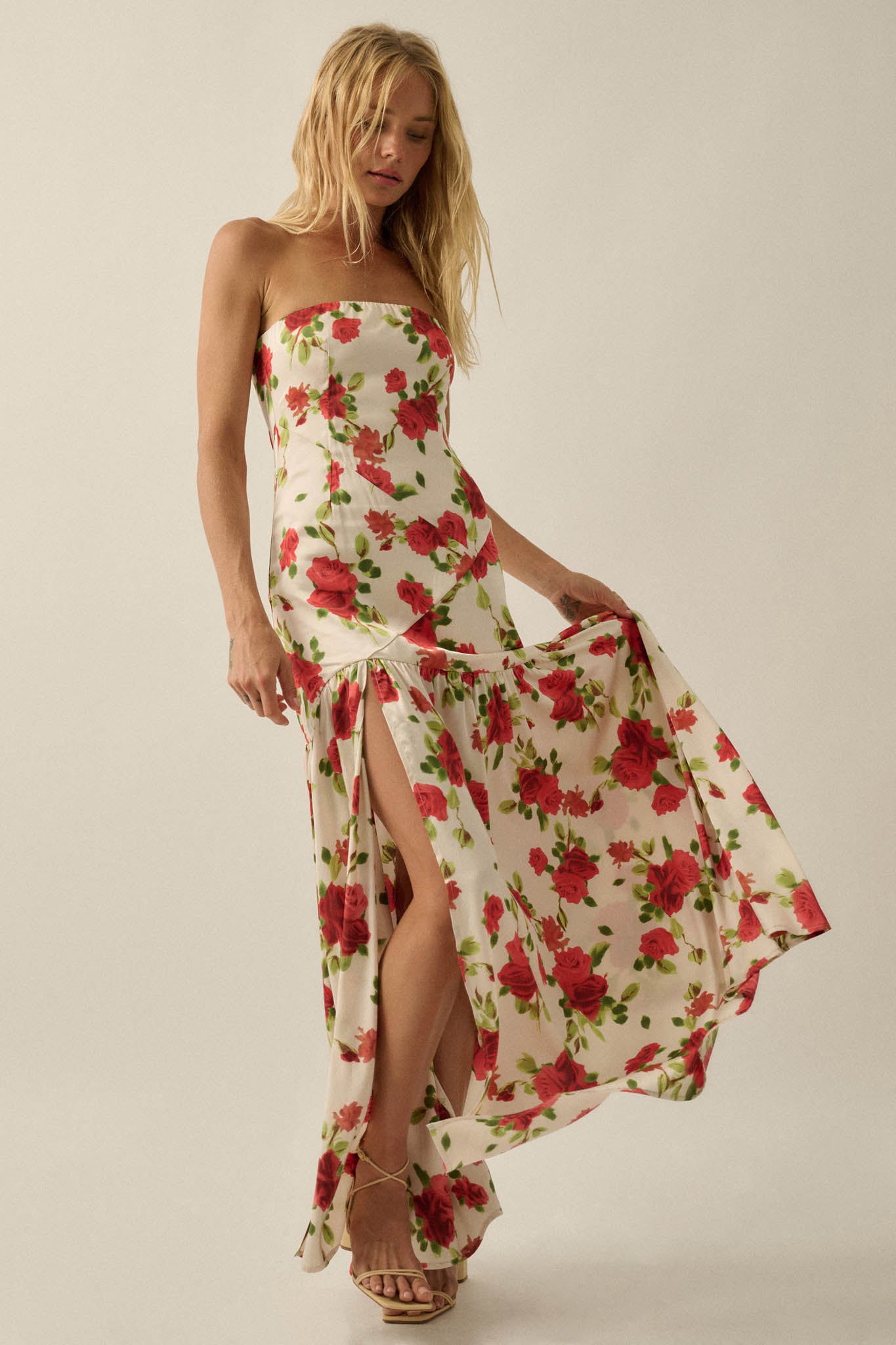 Rose Garden Floral-Print Satin Strapless Maxi Dress - ShopPromesa