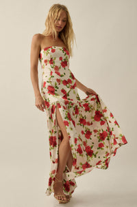 Rose Garden Floral-Print Satin Strapless Maxi Dress - ShopPromesa