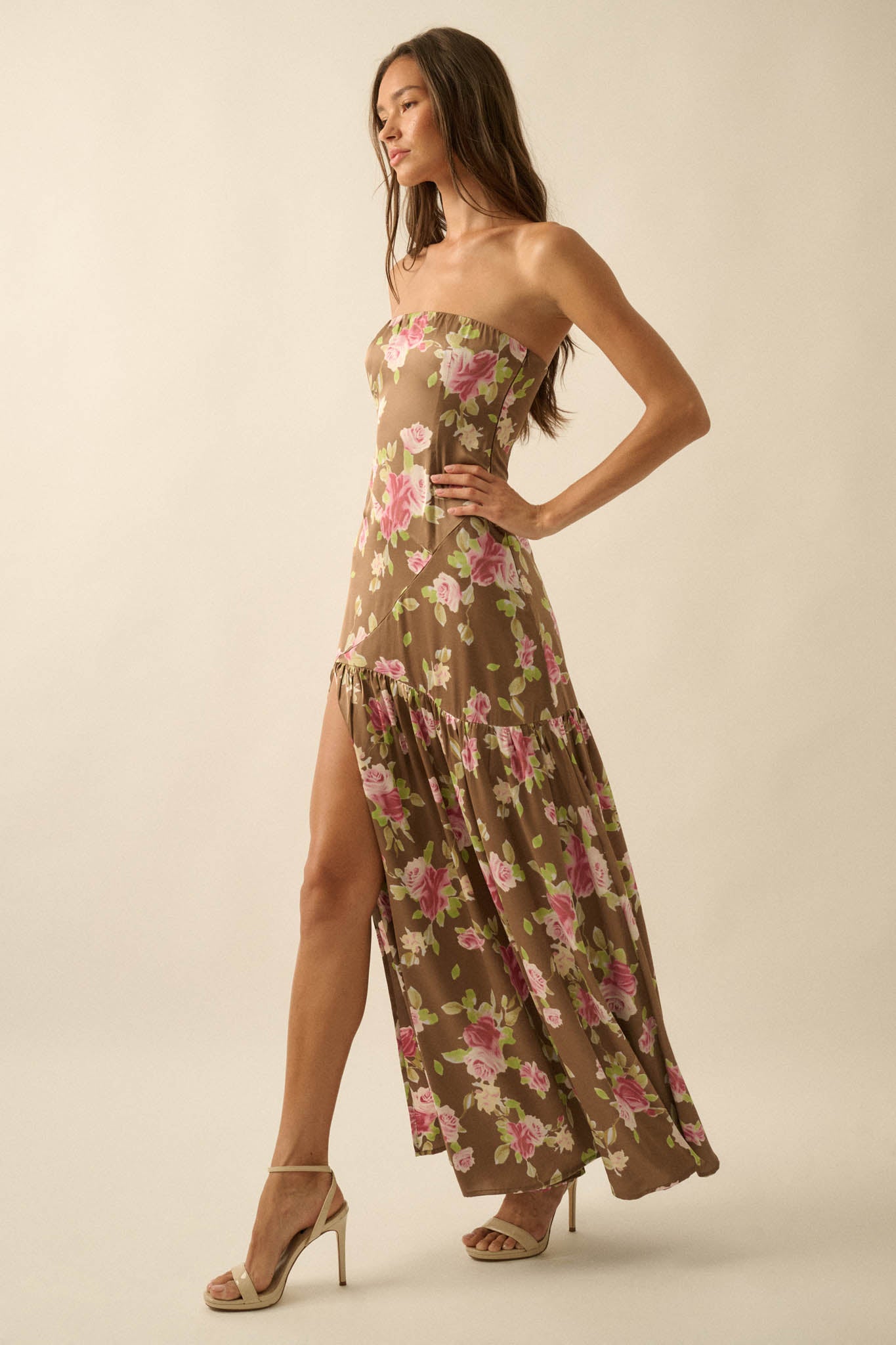 Rose Garden Floral-Print Satin Strapless Maxi Dress - ShopPromesa
