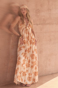 Golden Blooms Floral Tie-Back Halter Maxi Dress - ShopPromesa