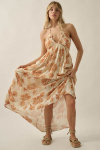 Golden Blooms Floral Tie-Back Halter Maxi Dress - ShopPromesa