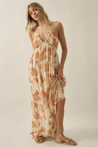 Golden Blooms Floral Tie-Back Halter Maxi Dress - ShopPromesa