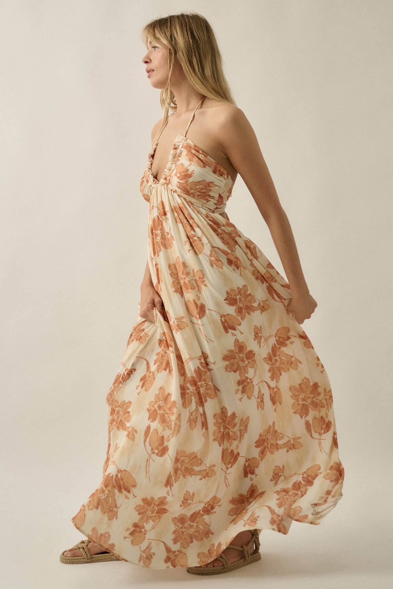 Golden Blooms Floral Tie-Back Halter Maxi Dress - ShopPromesa