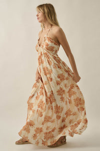 Golden Blooms Floral Tie-Back Halter Maxi Dress - ShopPromesa