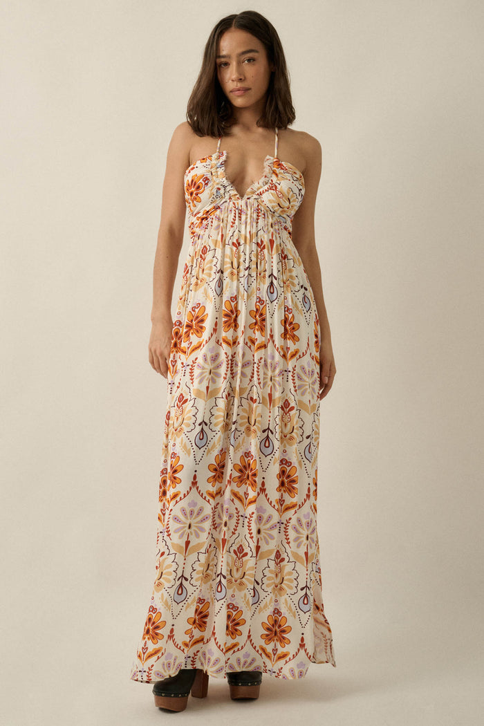 Rare Blooms Floral Medallion-Print Halter Maxi Dress - ShopPromesa