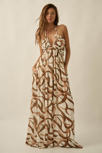 Tangled Up Ribbon-Print Tie-Back Halter Maxi Dress - ShopPromesa