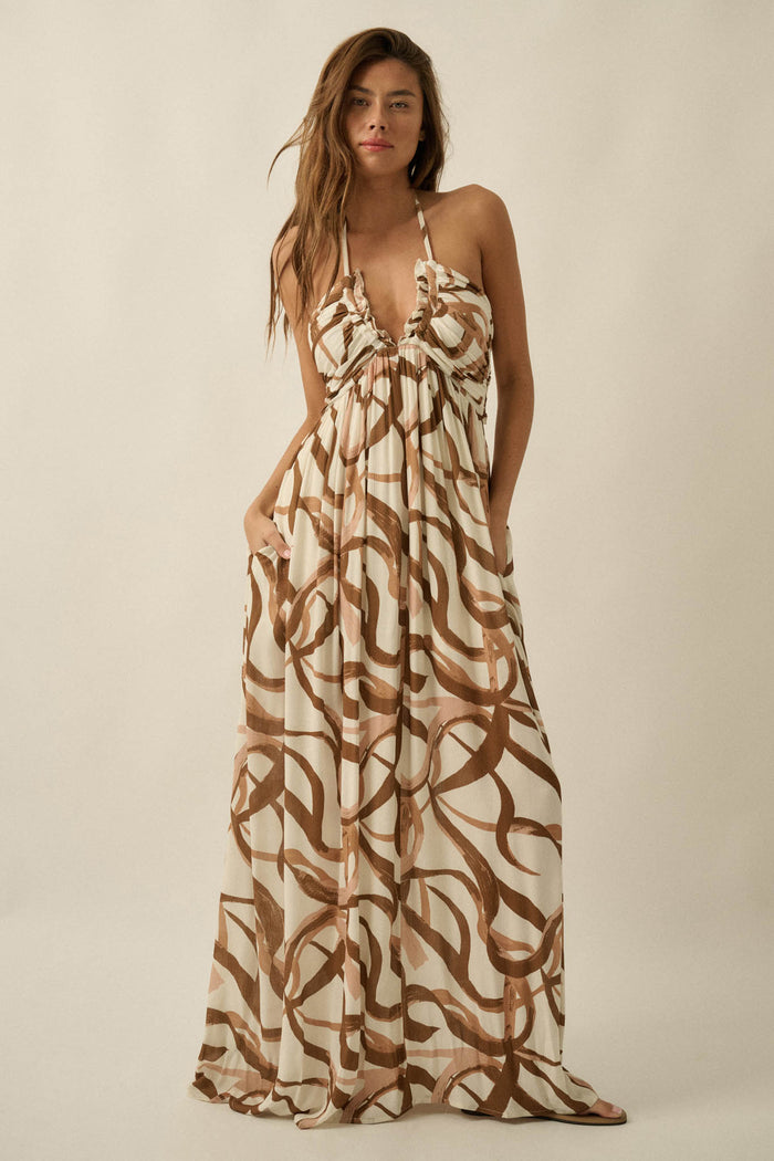 Tangled Up Ribbon-Print Tie-Back Halter Maxi Dress - ShopPromesa
