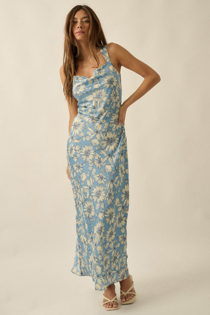 Dreamy Daisy Floral Satin Lace-Up Back Maxi Dress - ShopPromesa