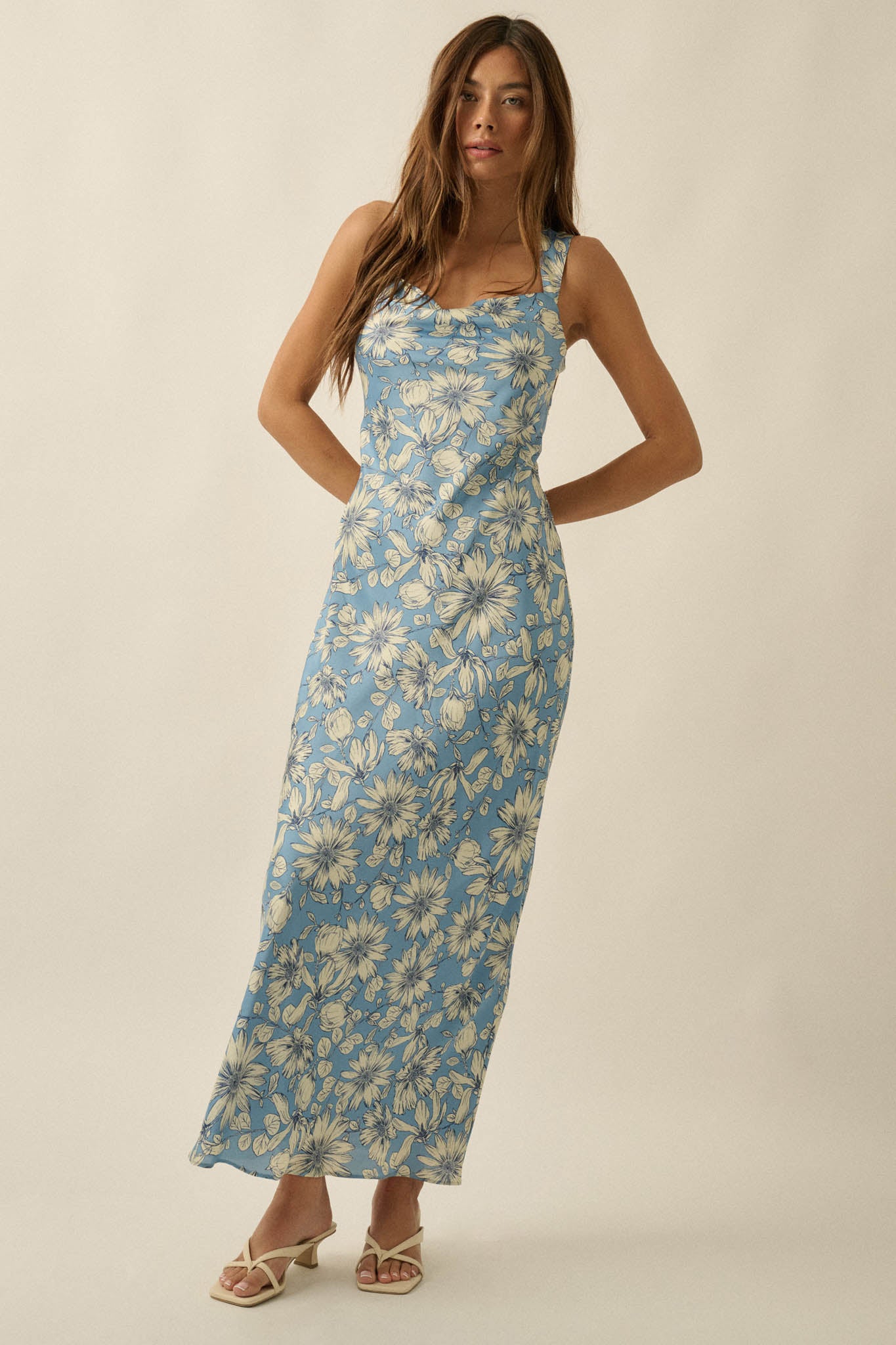 Dreamy Daisy Floral Satin Lace-Up Back Maxi Dress - ShopPromesa