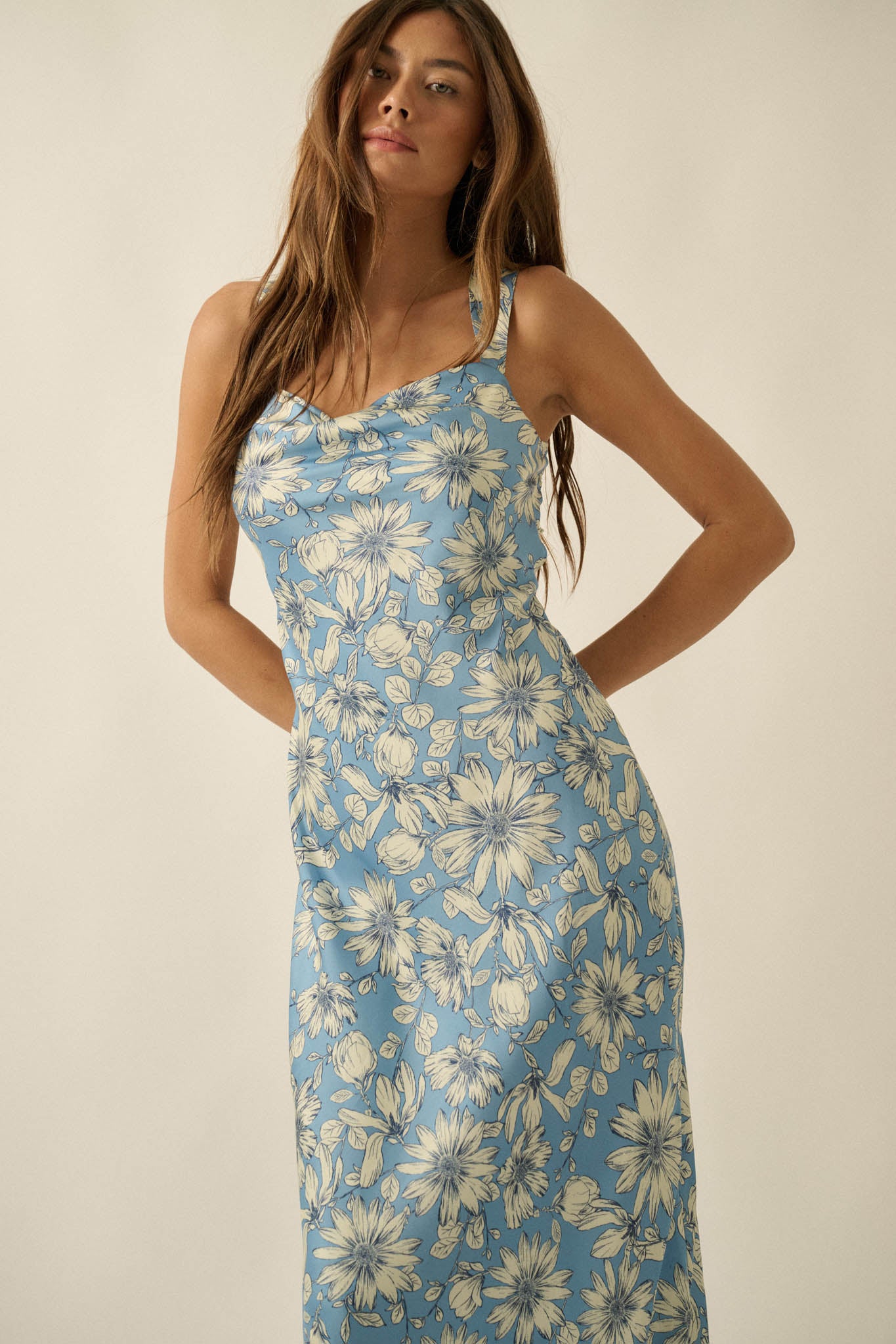 Dreamy Daisy Floral Satin Lace-Up Back Maxi Dress - ShopPromesa