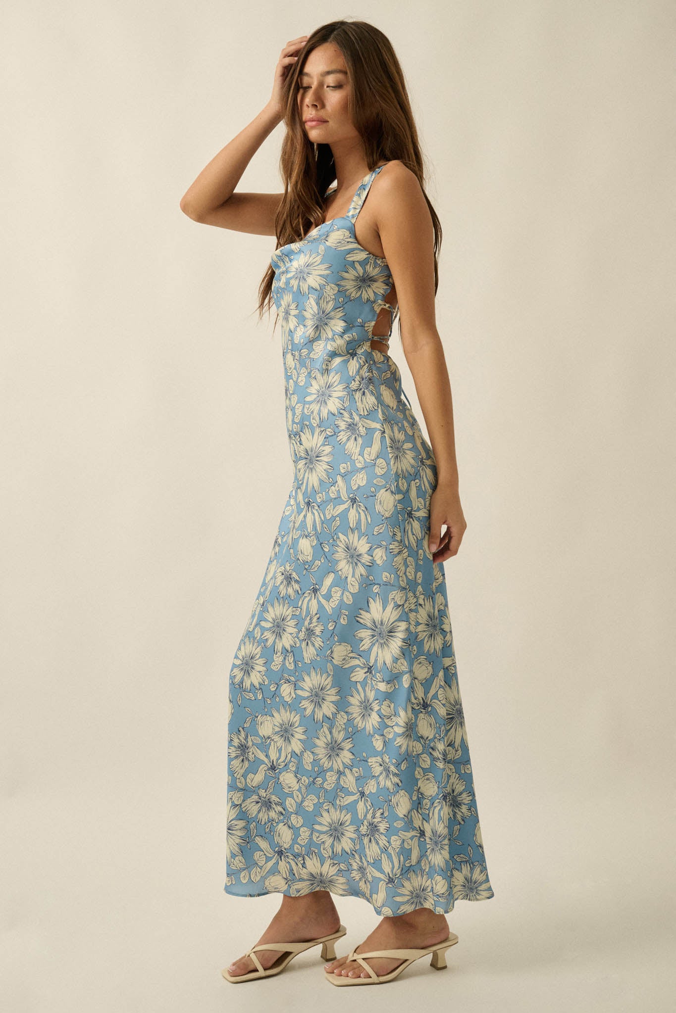 Dreamy Daisy Floral Satin Lace-Up Back Maxi Dress - ShopPromesa