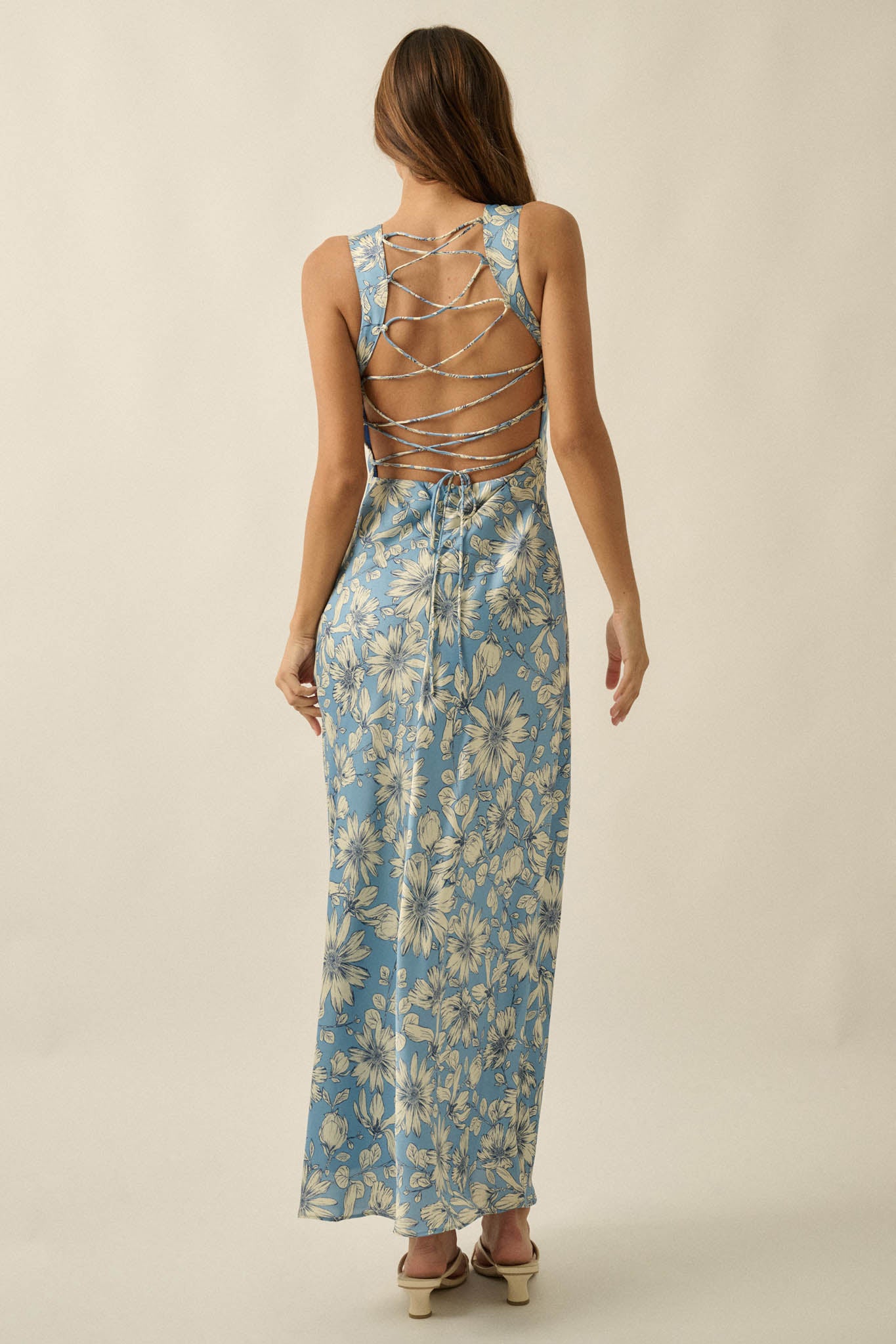 Dreamy Daisy Floral Satin Lace-Up Back Maxi Dress - ShopPromesa