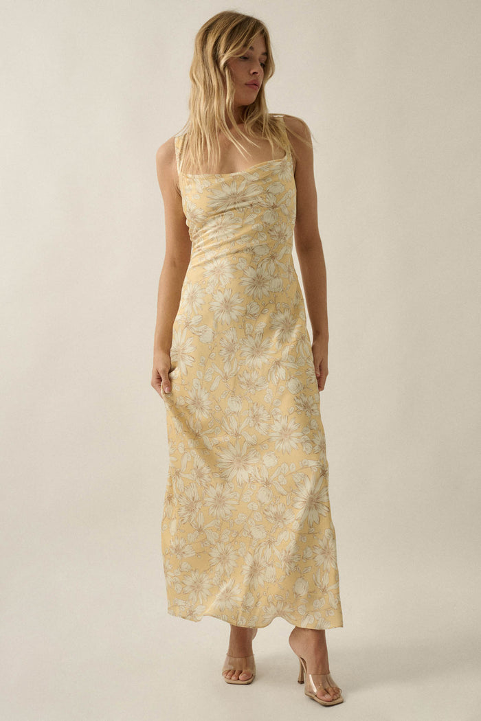 Dreamy Daisy Floral Satin Lace-Up Back Maxi Dress - ShopPromesa
