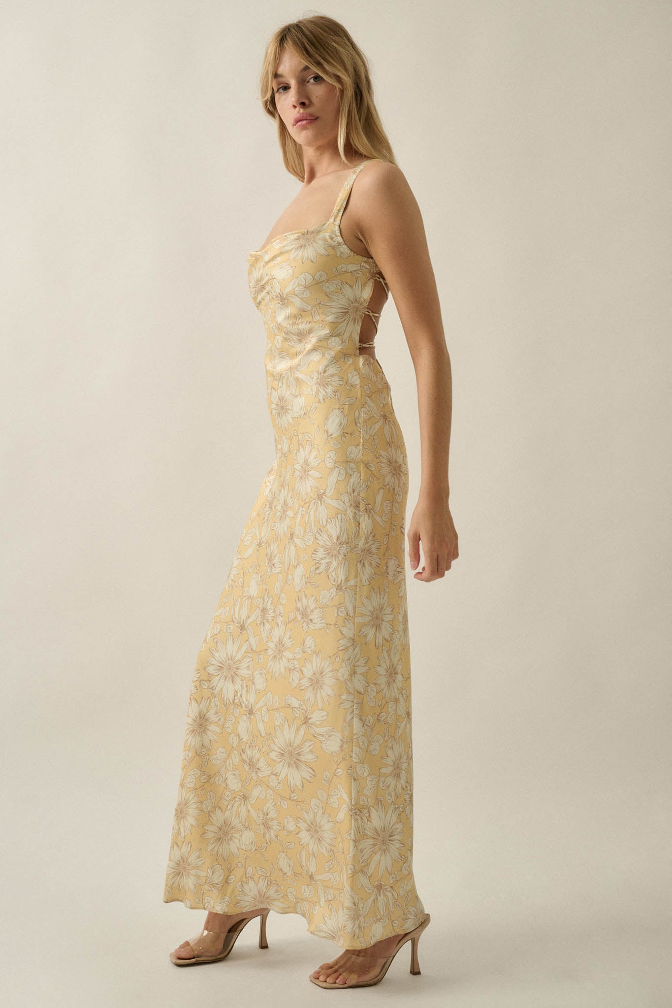 Dreamy Daisy Floral Satin Lace-Up Back Maxi Dress - ShopPromesa