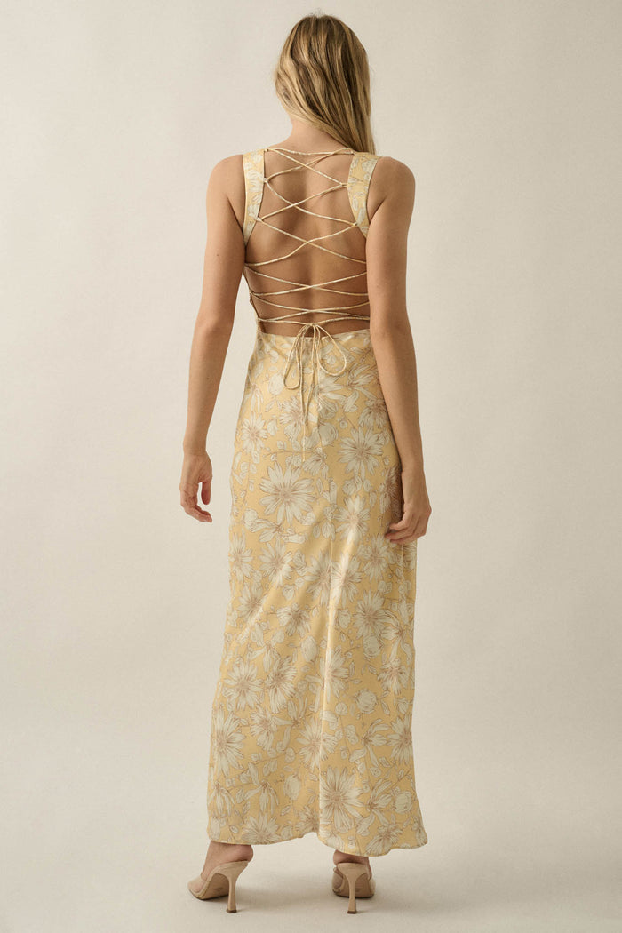 Dreamy Daisy Floral Satin Lace-Up Back Maxi Dress - ShopPromesa