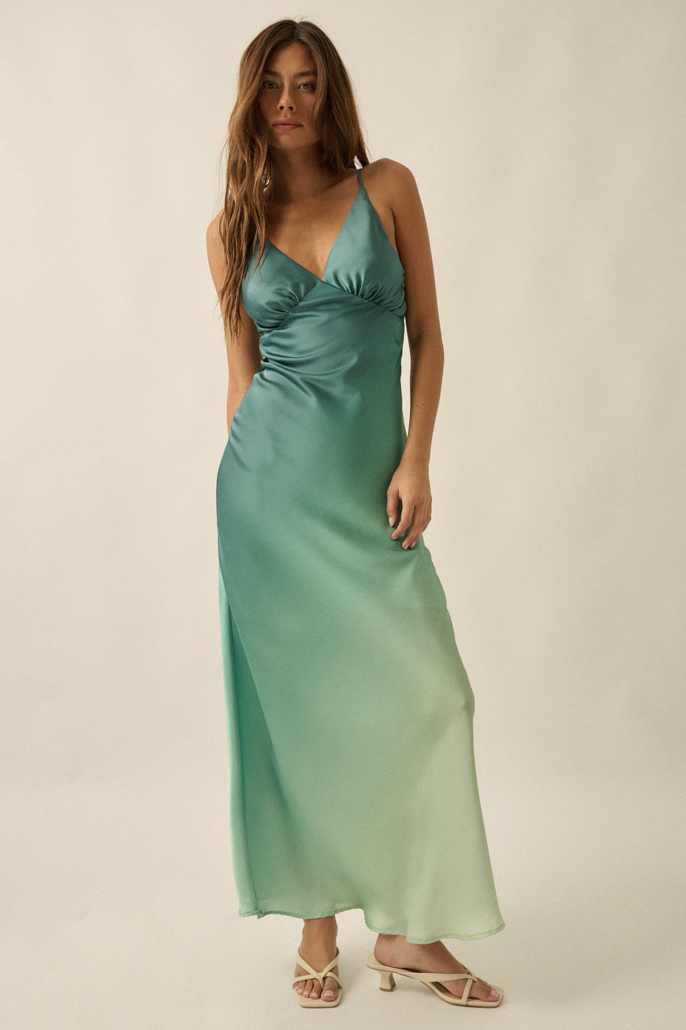 ombre slip dress Afterglow Ombre Satin Bias-Cut Maxi Slip Dress Pine Green / M