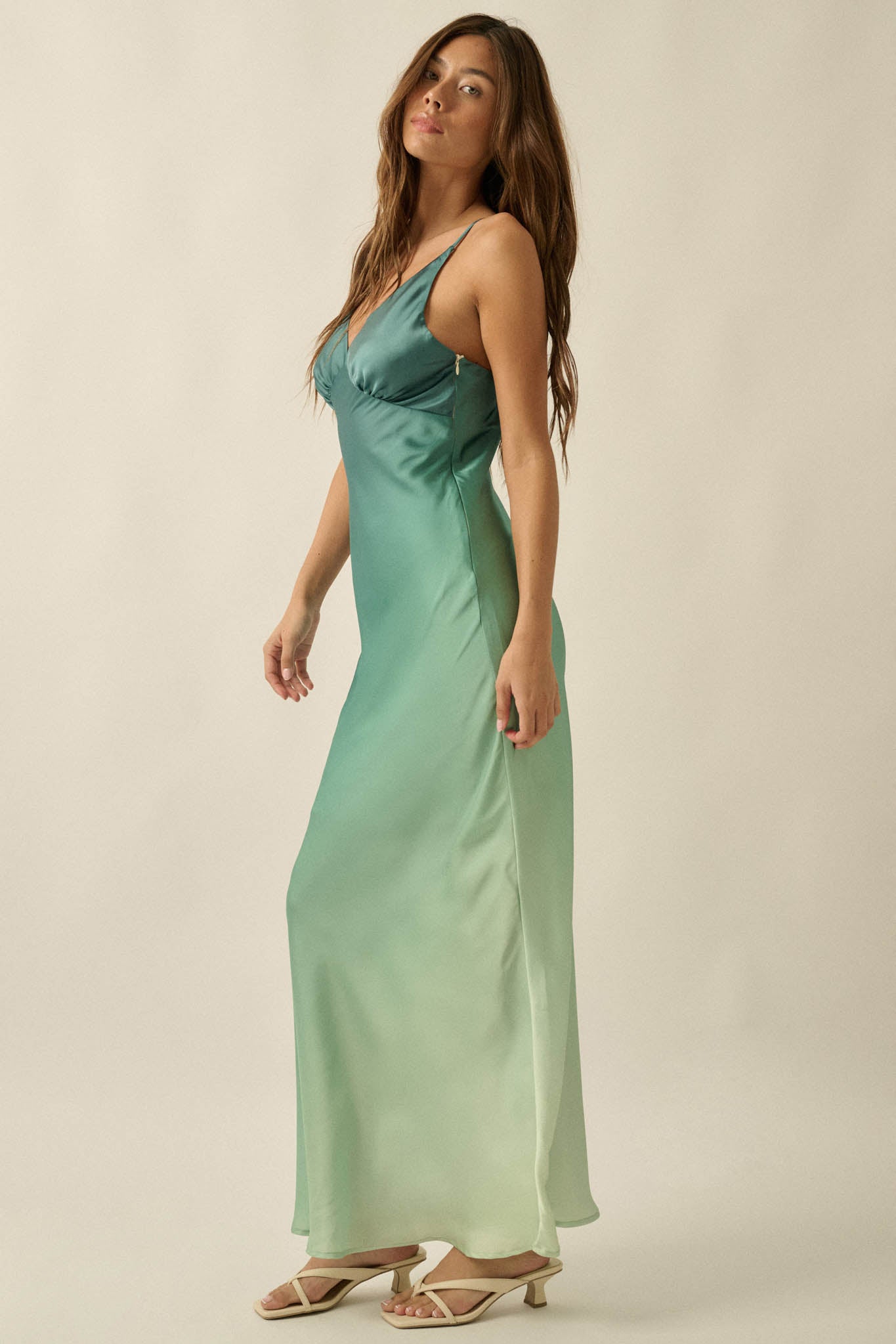 Afterglow Ombre Satin Bias-Cut Maxi Slip Dress Pine Green / M
