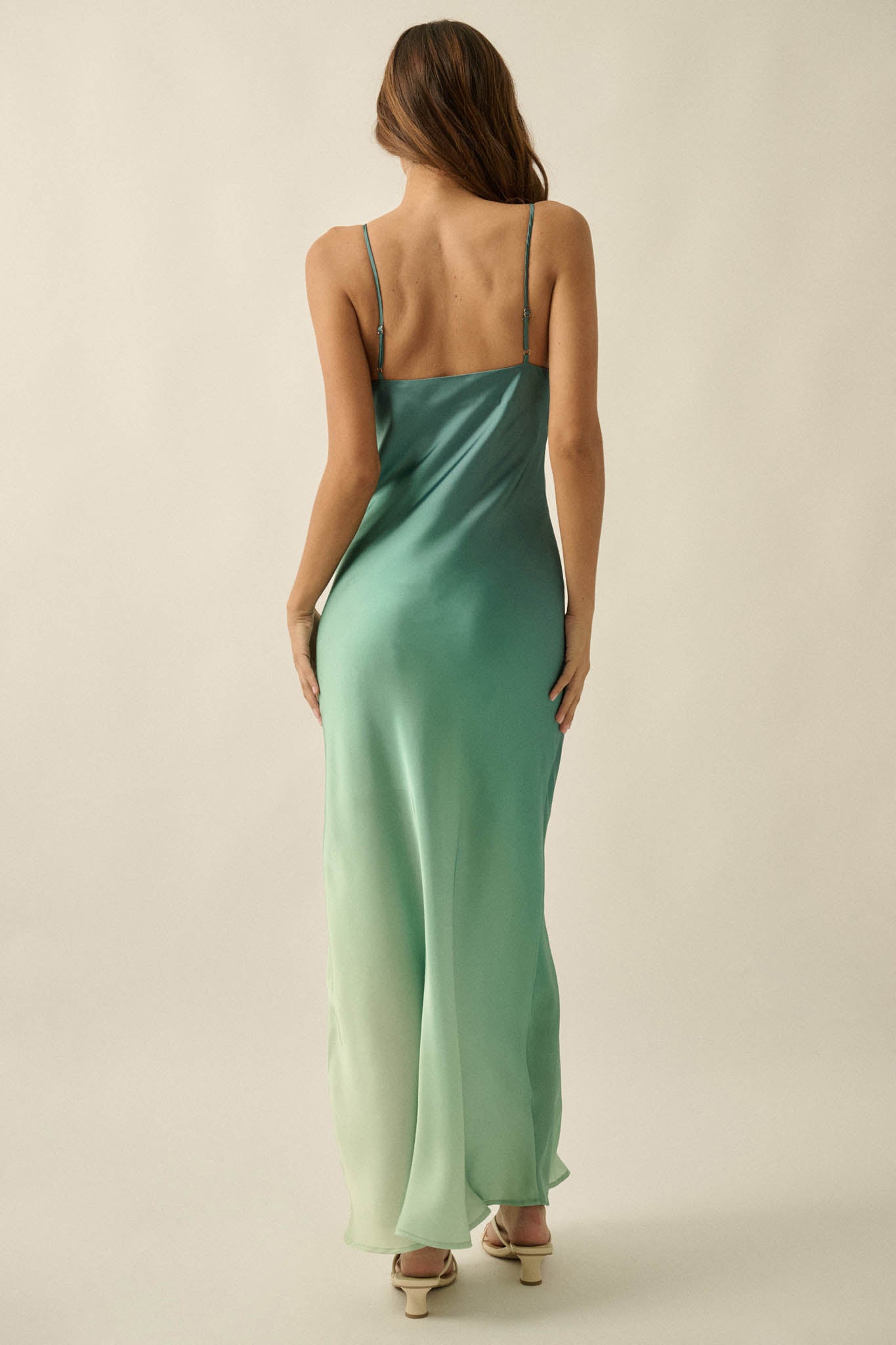 Afterglow Ombre Satin Bias-Cut Maxi Slip Dress Pine Green / M