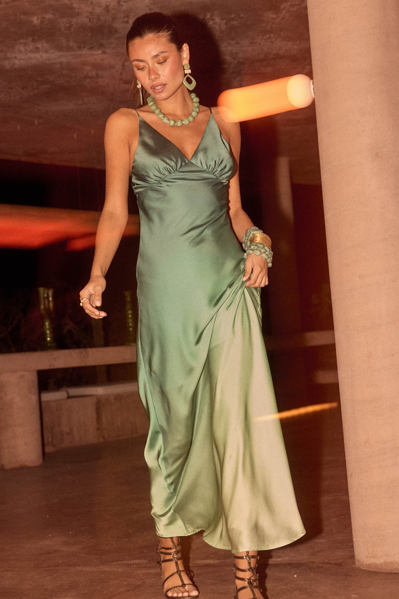 ombre slip dress Afterglow Satin Bias-Cut Maxi Dress, Pine Green / M Deep V neckline Size:dress size pants : 30 Unfinished bottom networking Dark Red Ruffles Ball