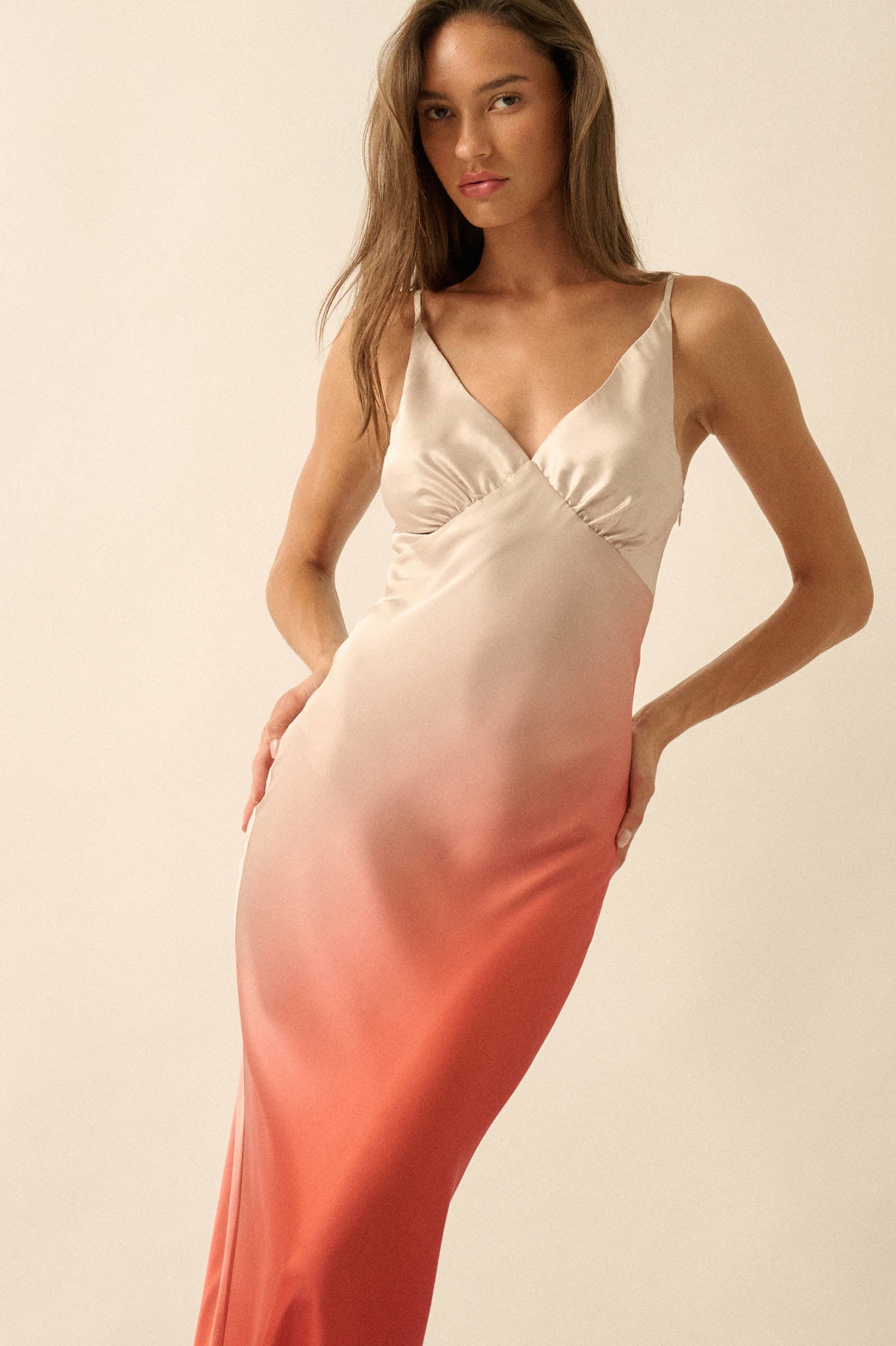 Afterglow Ombre Satin Bias-Cut Maxi Slip Dress, Sunburn / M