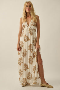 Golden Magnolia Floral Tie-Back Halter Maxi Dress - ShopPromesa