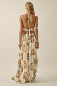 Golden Magnolia Floral Tie-Back Halter Maxi Dress - ShopPromesa