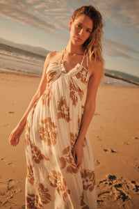 Golden Magnolia Floral Tie-Back Halter Maxi Dress - ShopPromesa