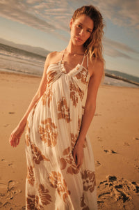 Golden Magnolia Floral Tie-Back Halter Maxi Dress - ShopPromesa
