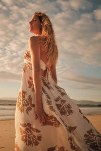 Golden Magnolia Floral Tie-Back Halter Maxi Dress - ShopPromesa