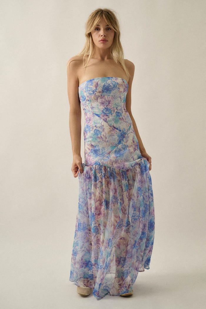 Pastel Petals Floral Chiffon Strapless Maxi Dress - ShopPromesa