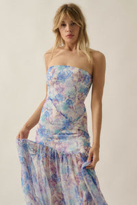 Pastel Petals Floral Chiffon Strapless Maxi Dress - ShopPromesa