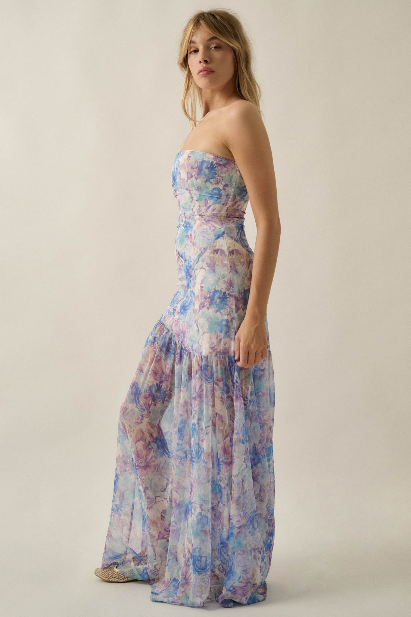Pastel Petals Floral Chiffon Strapless Maxi Dress - ShopPromesa