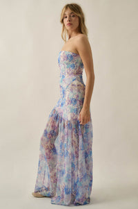 Pastel Petals Floral Chiffon Strapless Maxi Dress - ShopPromesa