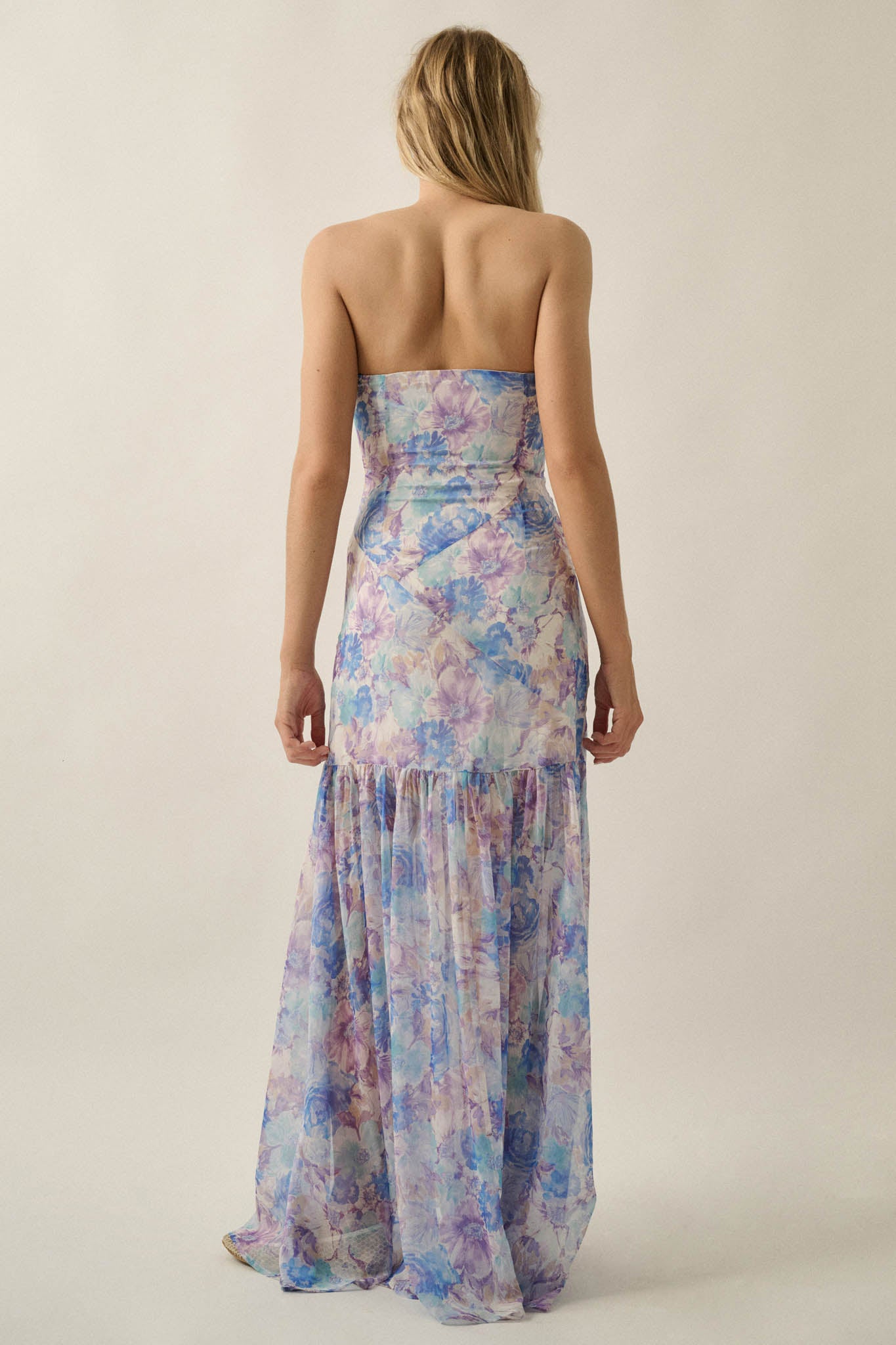 Pastel Petals Floral Chiffon Strapless Maxi Dress - ShopPromesa