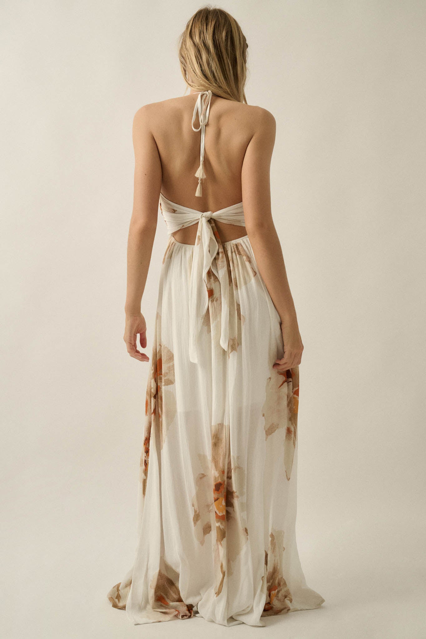 Dreams Abloom Floral Crepe Tie-Back Halter Maxi Dress - ShopPromesa