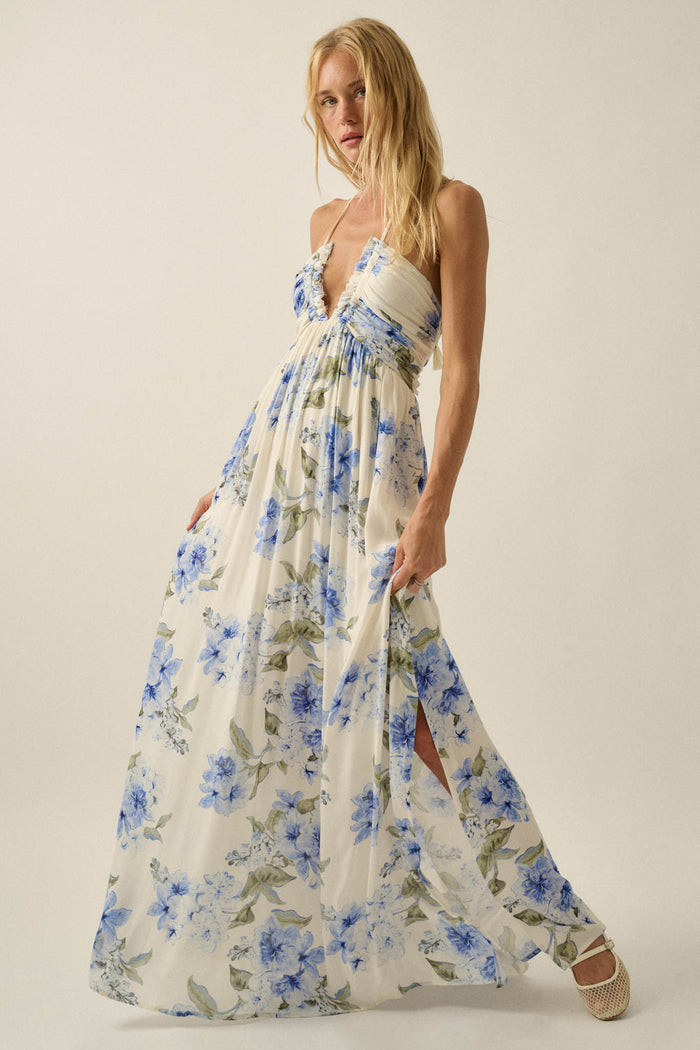 Blooming Elegance Floral Tie-Back Halter Maxi Dress - ShopPromesa