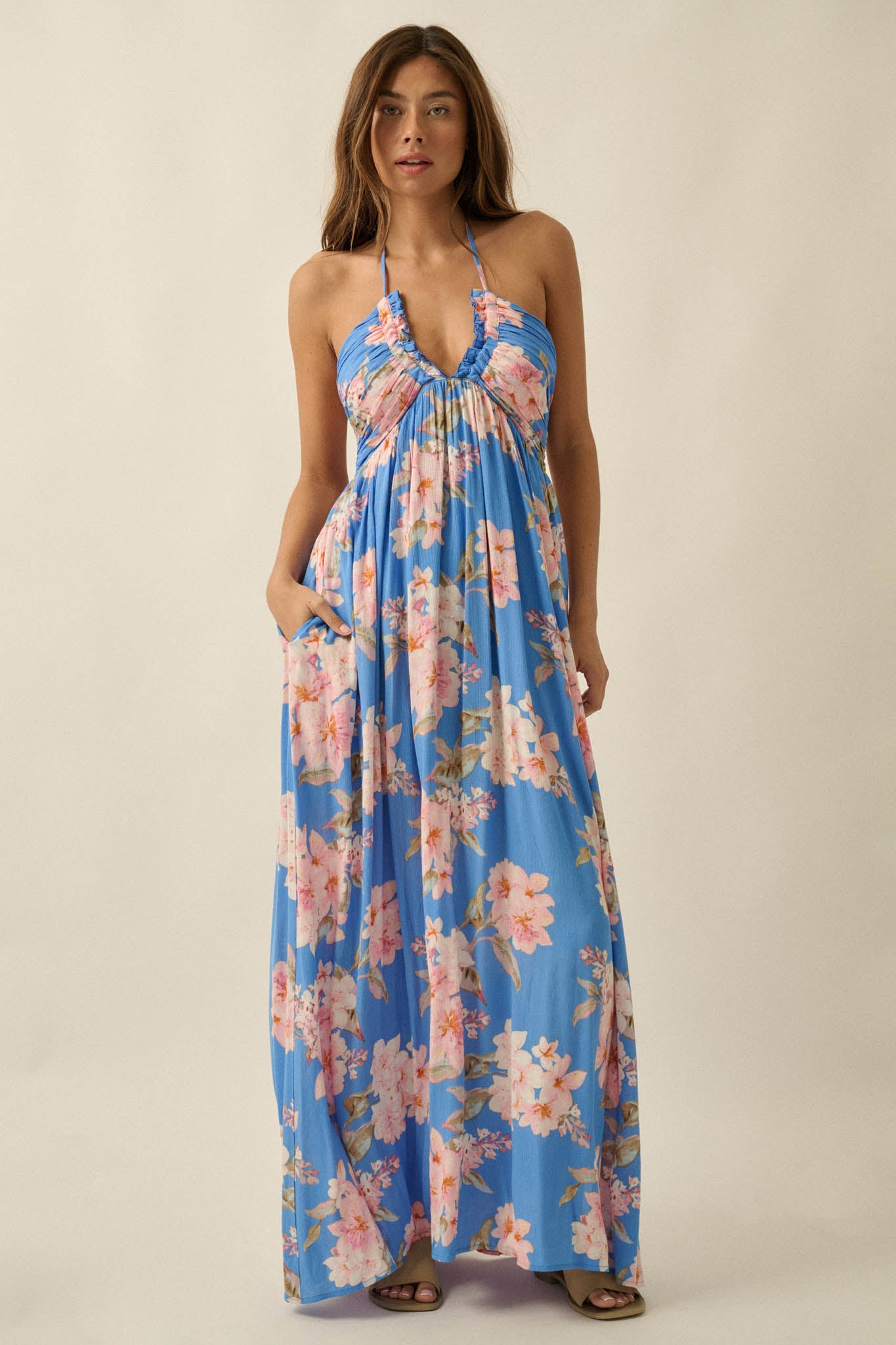 Blooming Elegance Floral Tie-Back Halter Maxi Dress - ShopPromesa
