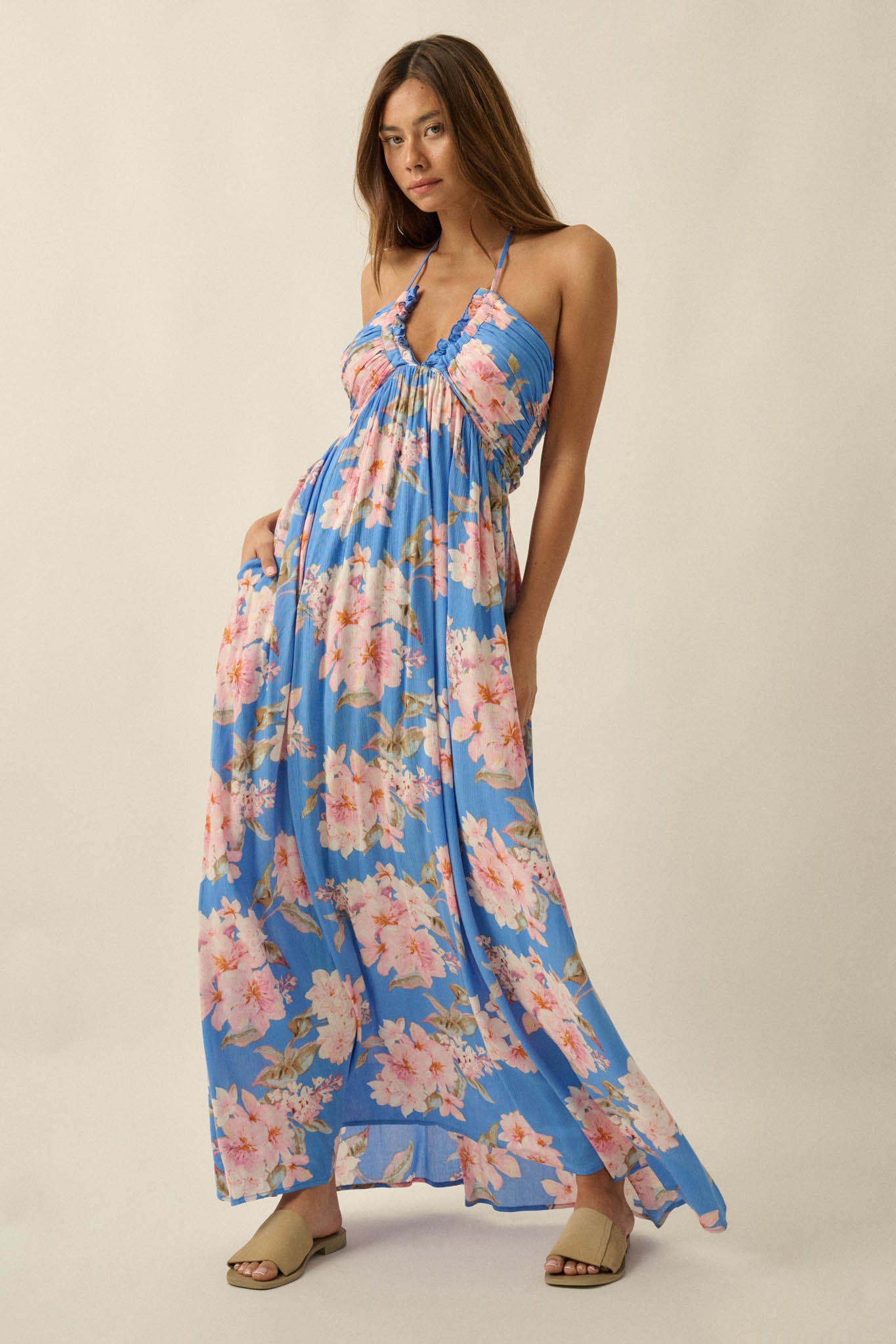 Blooming Elegance Floral Tie-Back Halter Maxi Dress - ShopPromesa