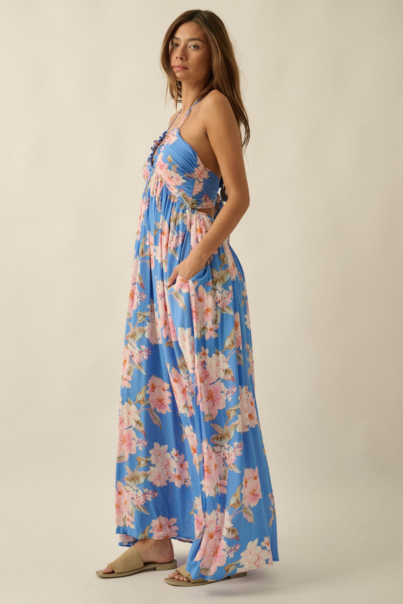 Blooming Elegance Floral Tie-Back Halter Maxi Dress - ShopPromesa