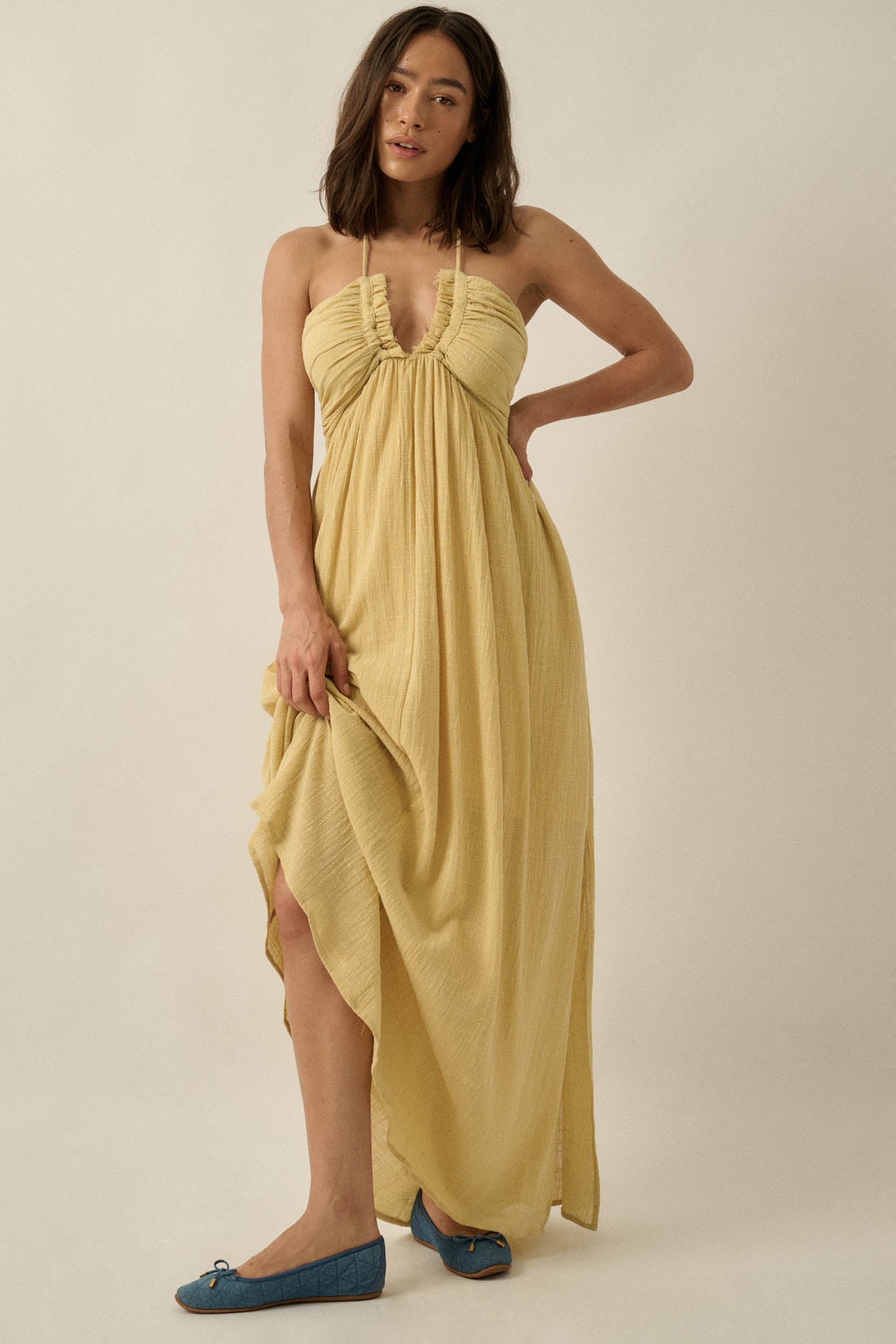 Forever Free Cotton Gauze Tie-Back Halter Maxi Dress - ShopPromesa