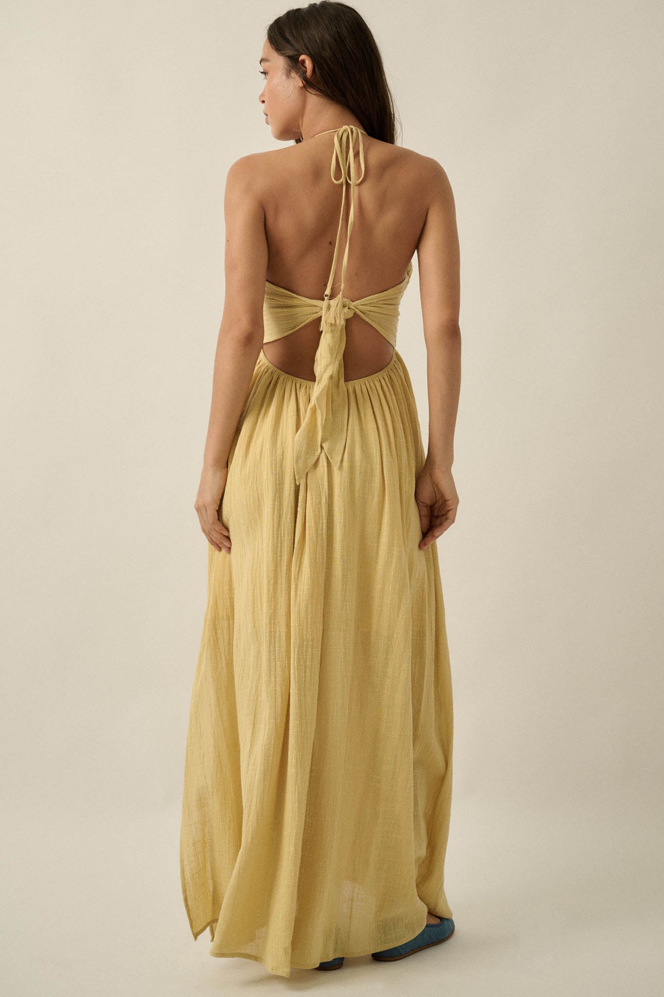 Forever Free Cotton Gauze Tie-Back Halter Maxi Dress - ShopPromesa