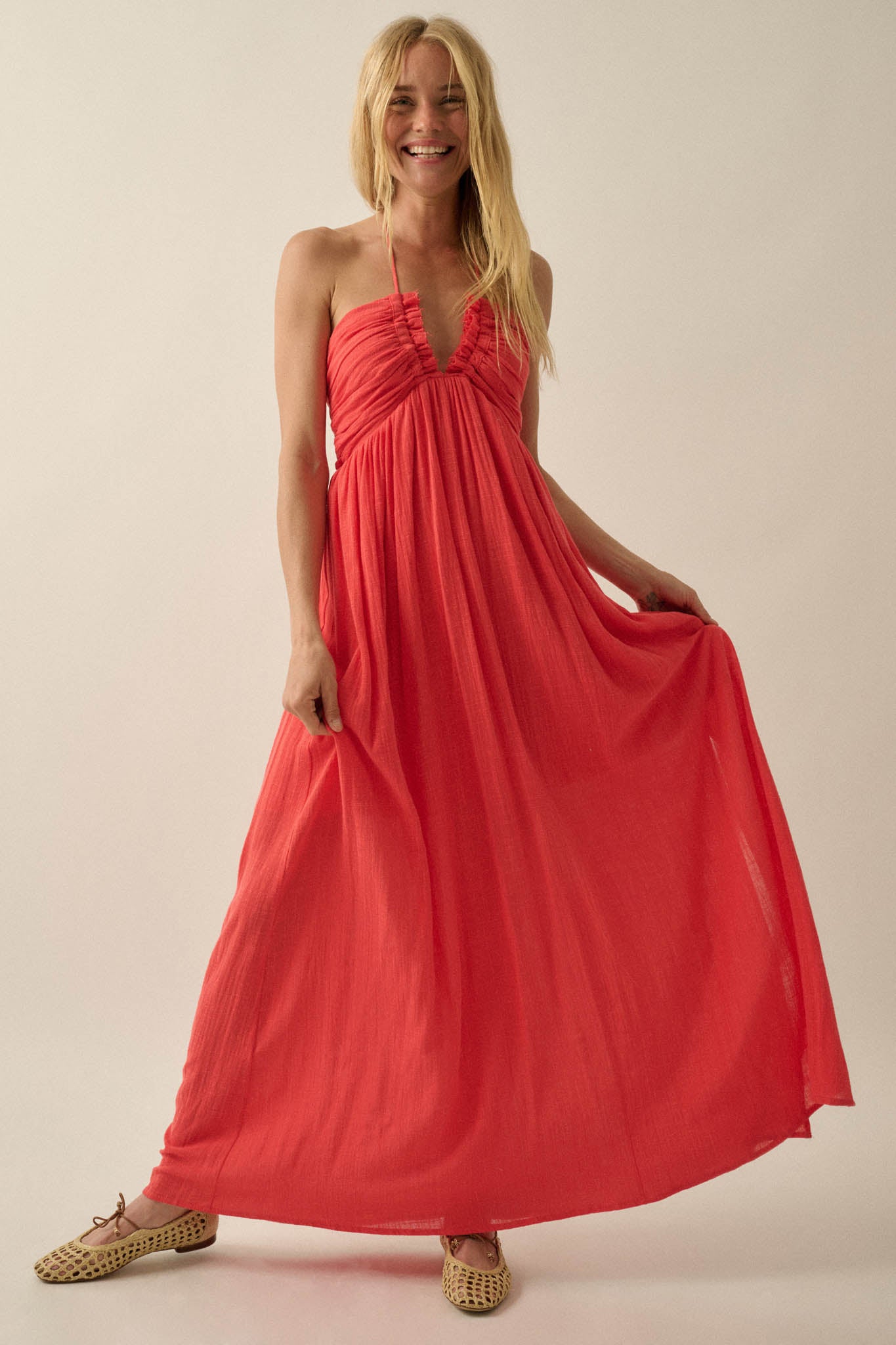 Forever Free Cotton Gauze Tie-Back Halter Maxi Dress - ShopPromesa