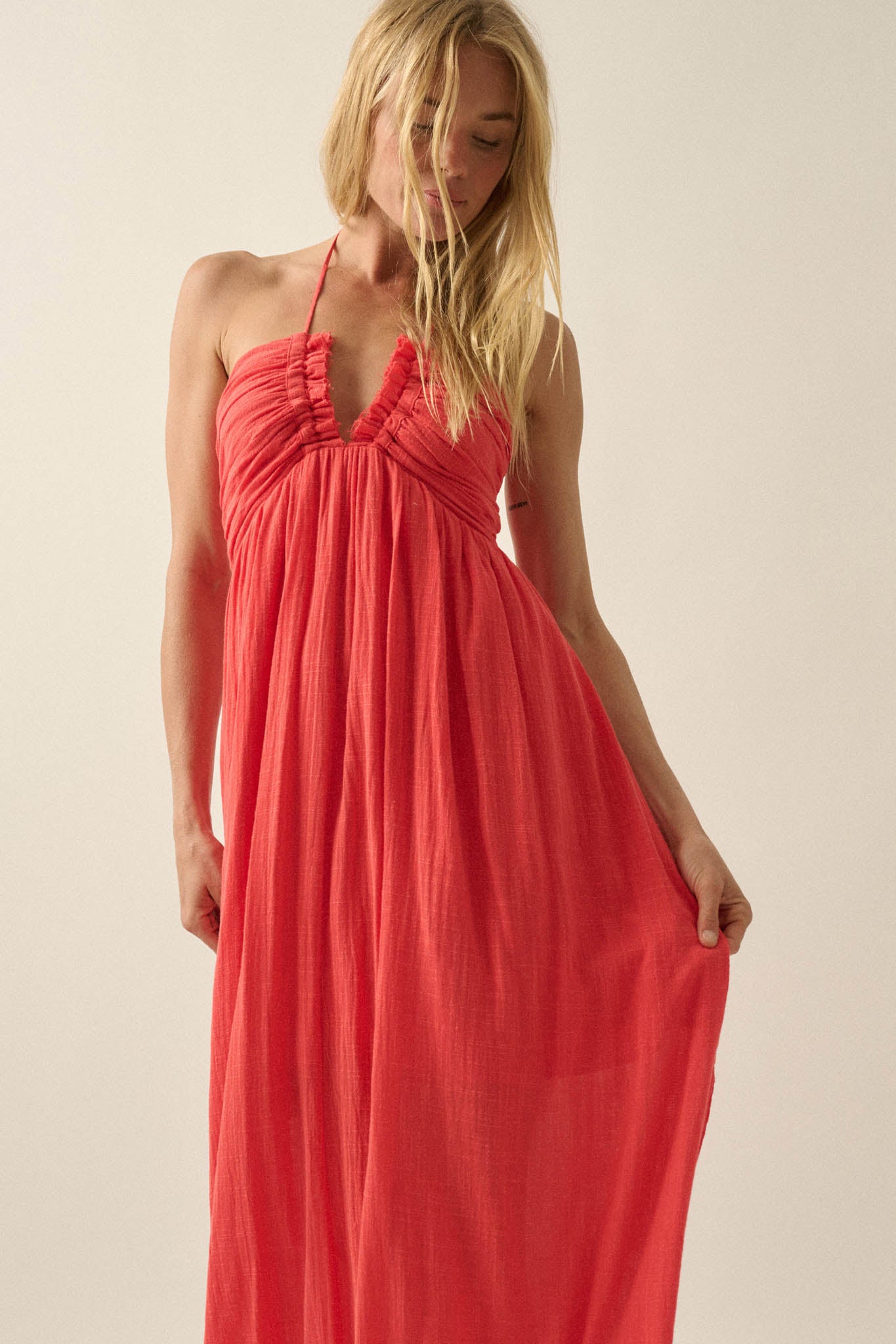 Forever Free Cotton Gauze Tie-Back Halter Maxi Dress - ShopPromesa