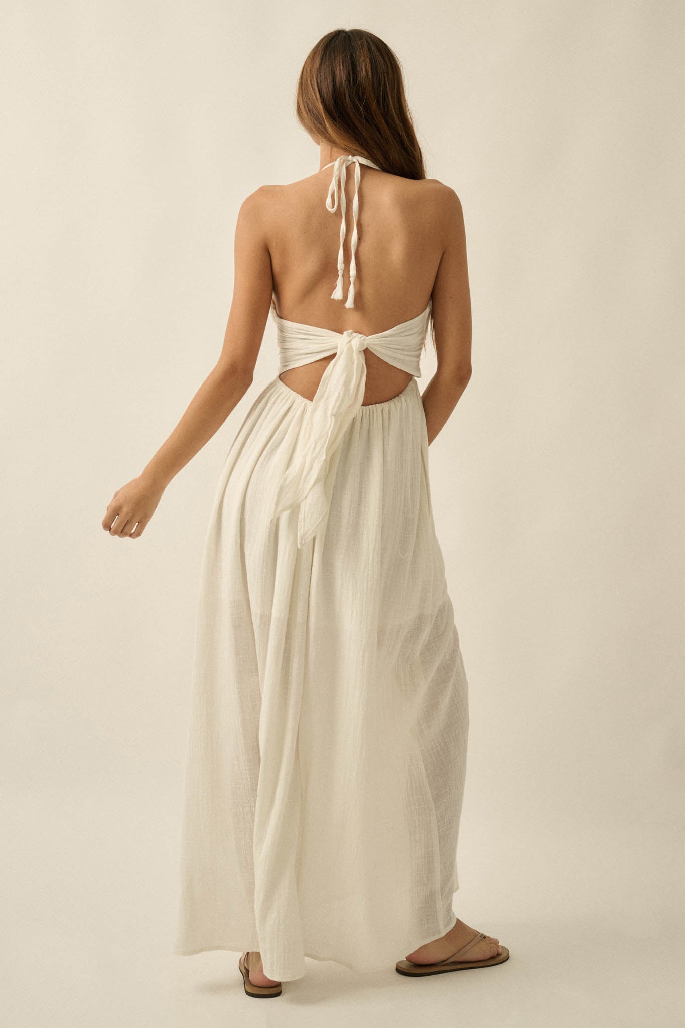 Forever Free Cotton Gauze Tie-Back Halter Maxi Dress - ShopPromesa
