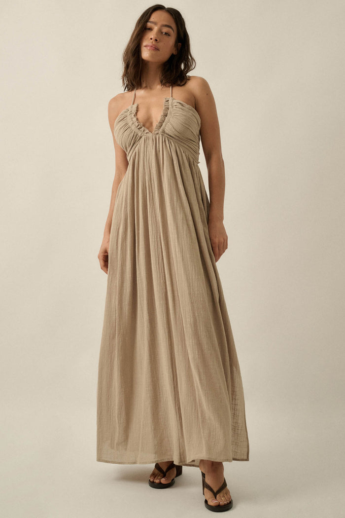 Forever Free Cotton Gauze Tie-Back Halter Maxi Dress - ShopPromesa