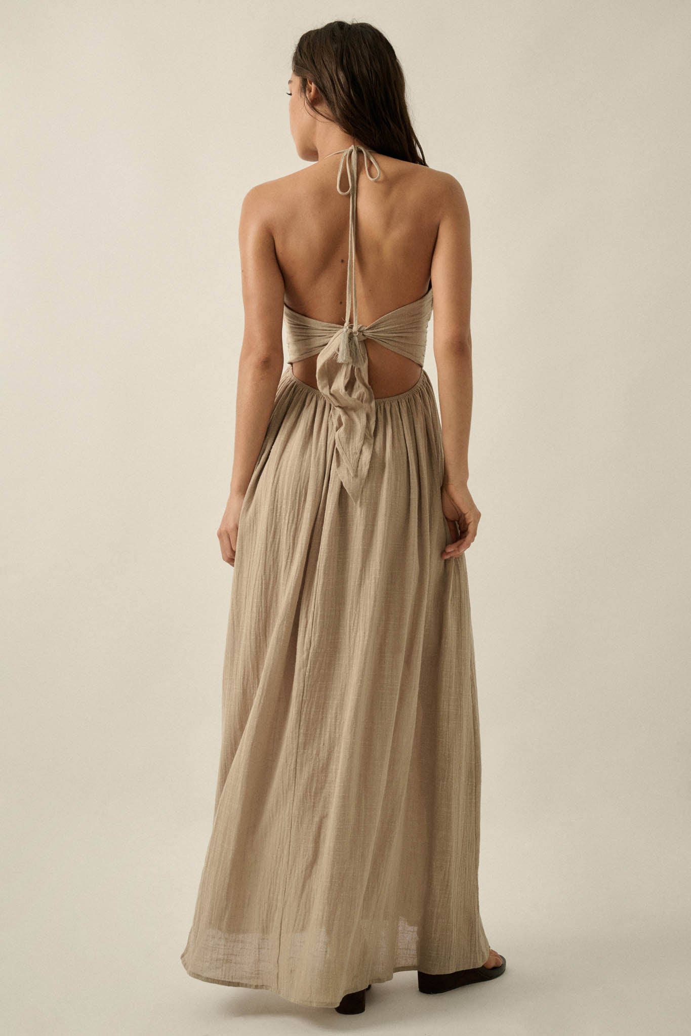 Forever Free Cotton Gauze Tie-Back Halter Maxi Dress - ShopPromesa