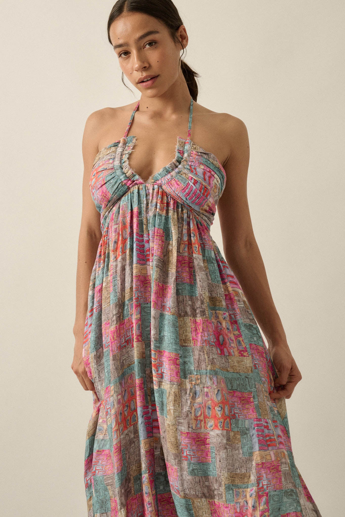 Mosaic Muse Abstract-Print Tie-Back Halter Maxi Dress - ShopPromesa